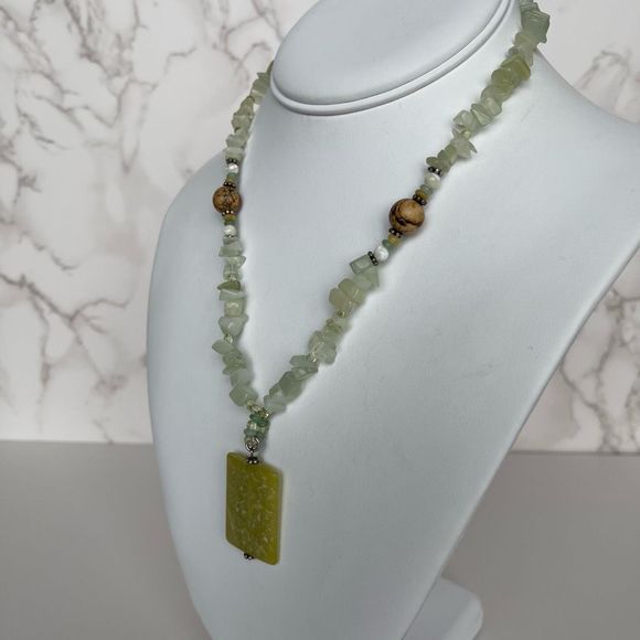Green Aventurine Stone & Brown Jasper Beaded Pendant Necklace Luck & Prosperity - Picture 5 of 6